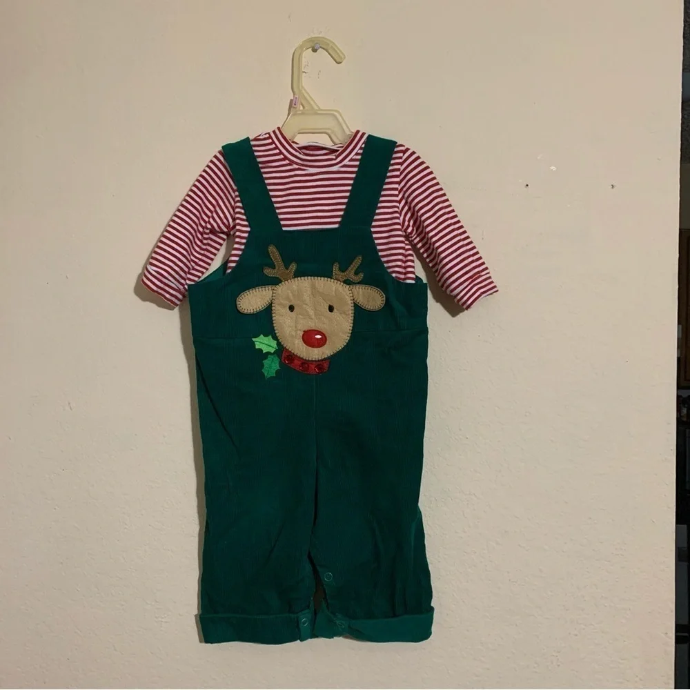 RARE EDITIONS, 12 Months, Corduroy Christmas Reindeer Overalls 2 Pc.Set